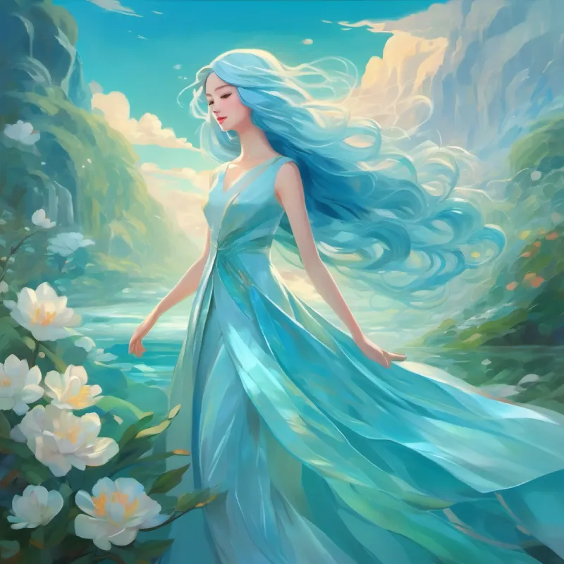 Graceful figure, long blue hair, pearlescent skin, aquamarine eyes offers to enhance the dress.