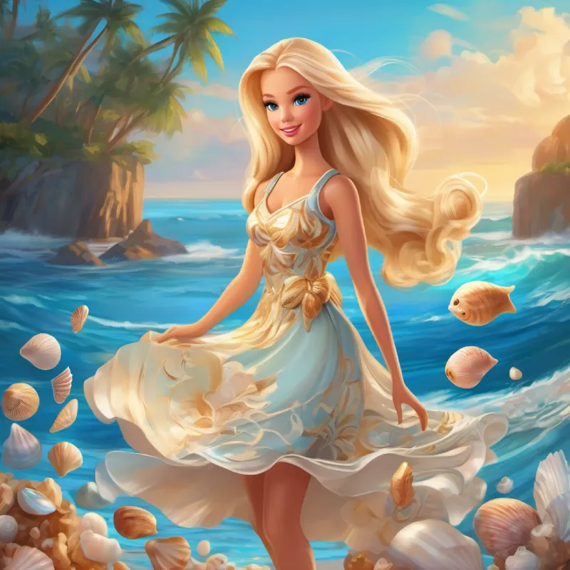 Young Barbie with creative spark, flowing blonde hair, blue eyes adds the gifted seashells to her dress.