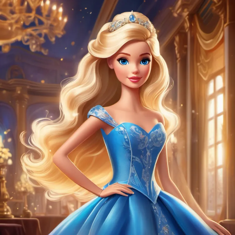 Young Barbie with creative spark, flowing blonde hair, blue eyes's dress is showcased at the royal ball.