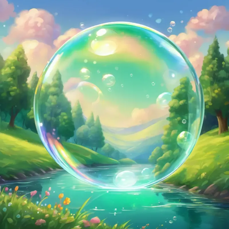 Transparent soap bubble with friendly eyes and a happy smile, a transparent soap bubble with friendly eyes and a happy smile, floats in the sky above green hills and a sparkling river.