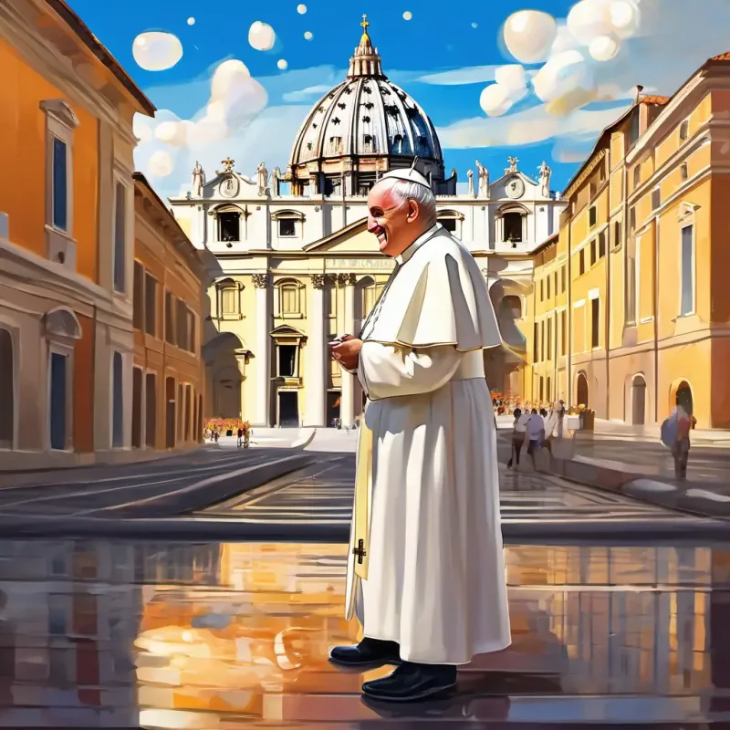 Transparent soap bubble with friendly eyes and a happy smile floats above the Vatican City, where he encounters the Pope in his white robe and tall hat, surrounded by beautiful architecture.