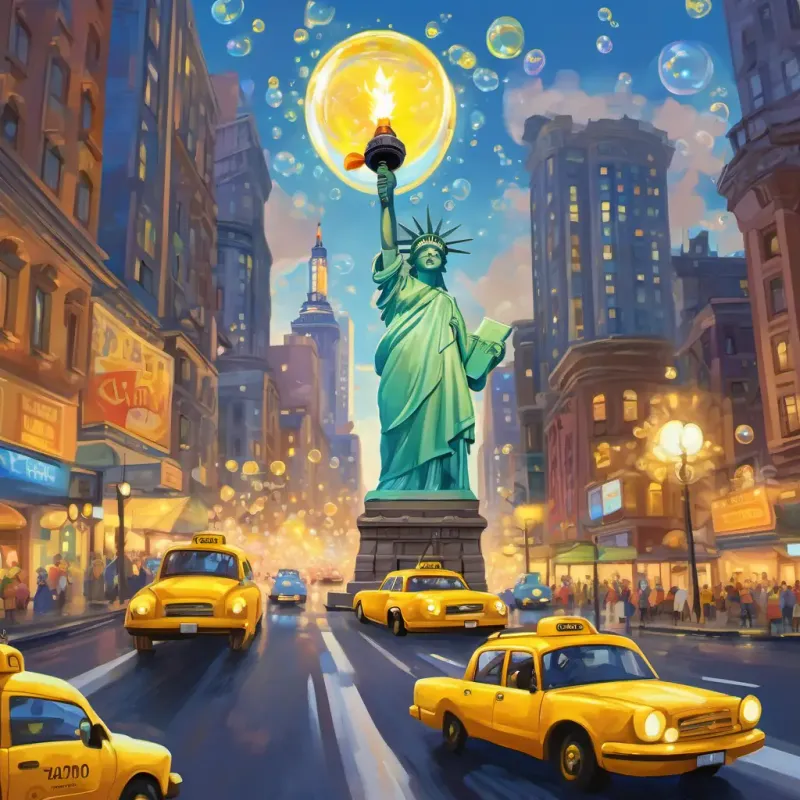 Transparent soap bubble with friendly eyes and a happy smile floats beside the iconic Statue of Liberty, holding her torch up high, as yellow taxis zoom by on the busy streets.