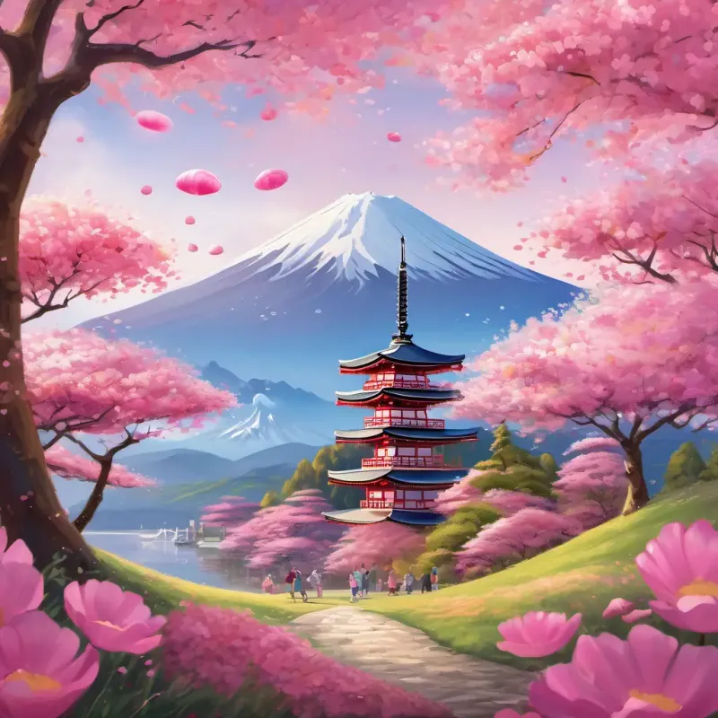 Transparent soap bubble with friendly eyes and a happy smile dances amidst a sea of pink petals, with graceful Japanese temples and a majestic Mount Fuji in the background.