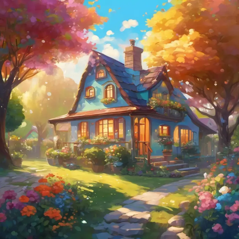 Transparent soap bubble with friendly eyes and a happy smile floats above a cozy house, surrounded by a loving family and colorful flowers in a sunlit garden.