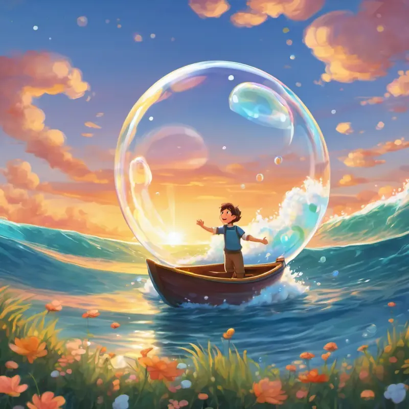 Transparent soap bubble with friendly eyes and a happy smile waves goodbye with his bubbly hands as he floats towards the sunset.