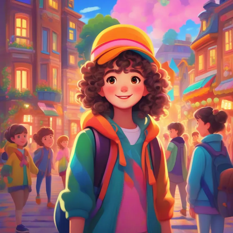 Cozy town, smart girl Curly hair, bright eyes, colorful clothes, cheerful loved by everyone