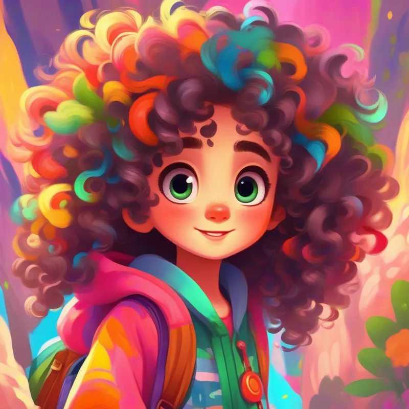 Curly hair, bright eyes, colorful clothes, cheerful: Big bright eyes, curly wild hair, colorful clothes