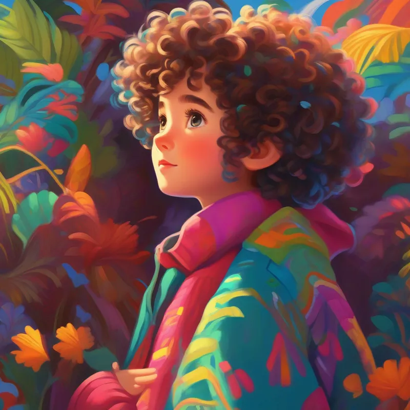 Curious Curly hair, bright eyes, colorful clothes, cheerful: Exploring, asking questions, seeking answers