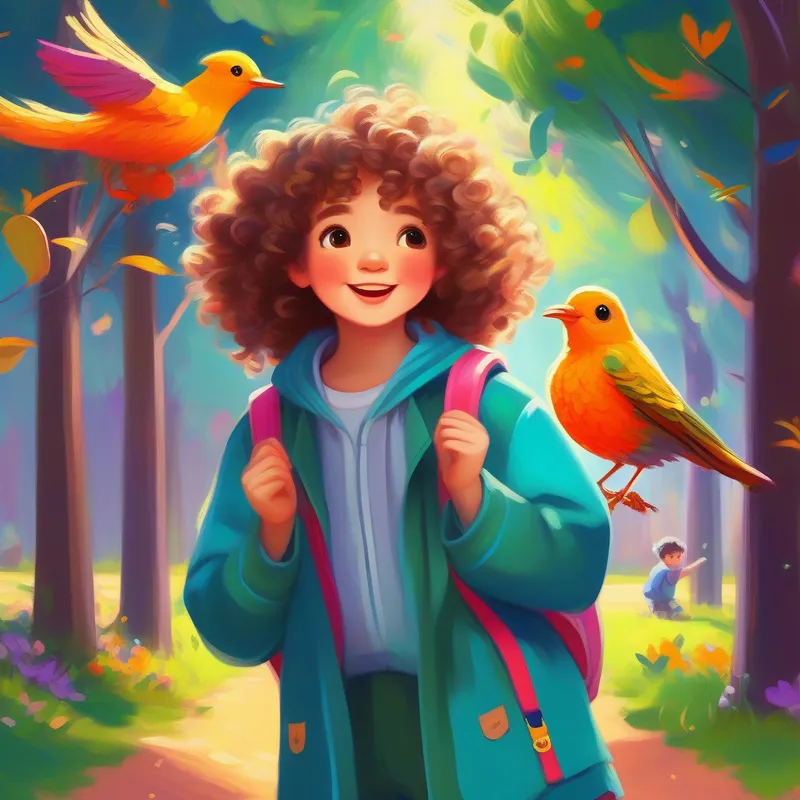 Curly hair, bright eyes, colorful clothes, cheerful: Playing in the park, meeting a chirping bird