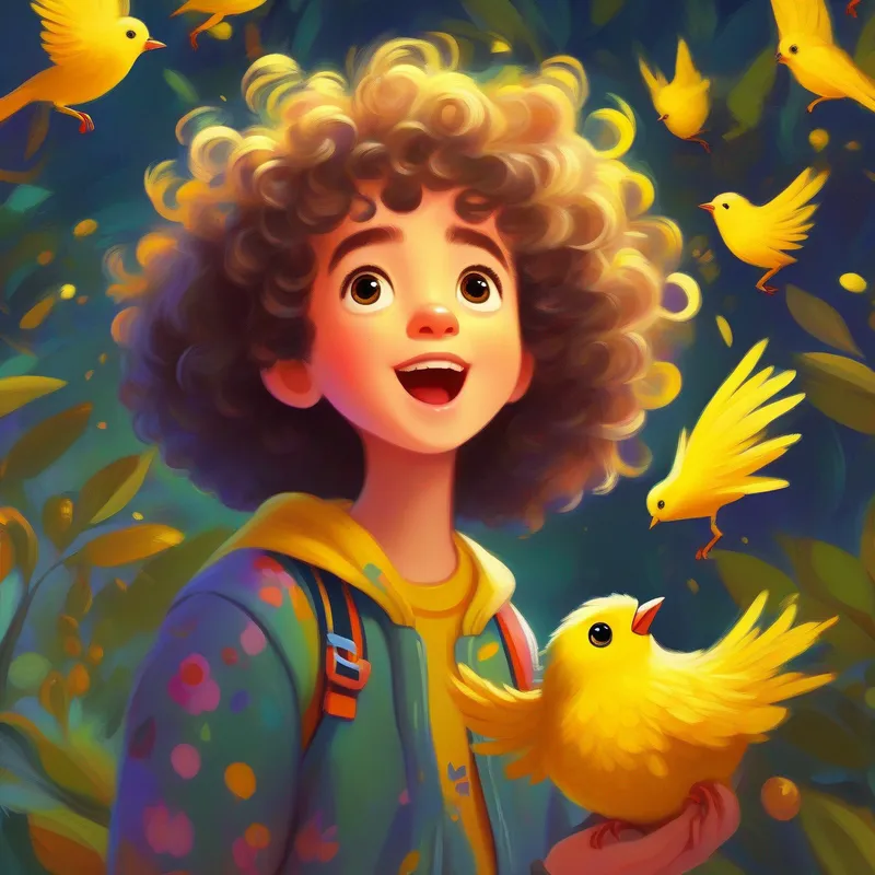 Curly hair, bright eyes, colorful clothes, cheerful meets Small yellow bird, chirping and hopping, offers to help find the nest