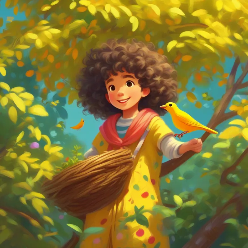 Curly hair, bright eyes, colorful clothes, cheerful and Small yellow bird, chirping and hopping find the cozy nest in a tall tree