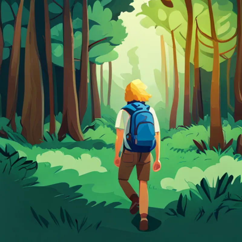 Blonde hair, blue shirt, exploring with a backpack. walks through forest with tall green trees