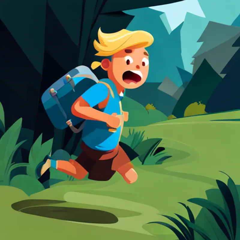 Blonde hair, blue shirt, exploring with a backpack. running away from Green with sharp teeth and big roaring mouth. in fear