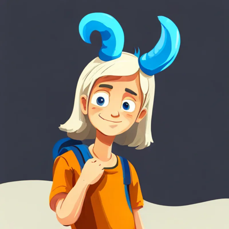 Blonde hair, blue shirt, exploring with a backpack. feeling safe and happy with Brown with three horns and kind eyes.