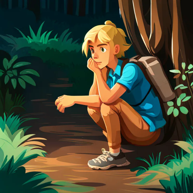 Blonde hair, blue shirt, exploring with a backpack. feeling curious and interested by Brown with intelligent eyes and sharp claws.