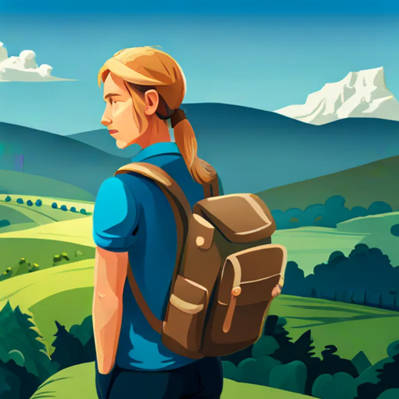Blonde hair, blue shirt, exploring with a backpack. feeling calm and peaceful with Green with big plates on its back.