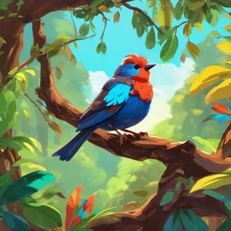Choco is a small bird with colorful feathers and a big heart, a small bird with colorful feathers, sitting on a tree branch in a forest