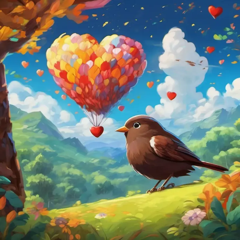 Choco is a small bird with colorful feathers and a big heart flying in the sky, visiting different animals in the forest