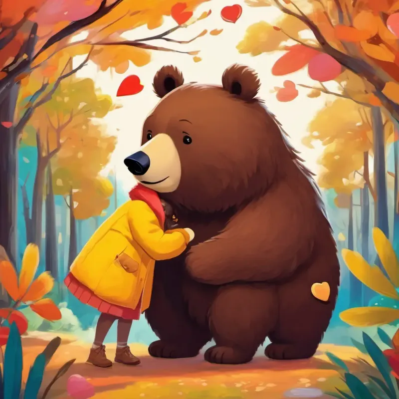 Choco is a small bird with colorful feathers and a big heart meeting Mrs Bear is a big and friendly bear with a warm smile, a big and friendly bear with a warm smile