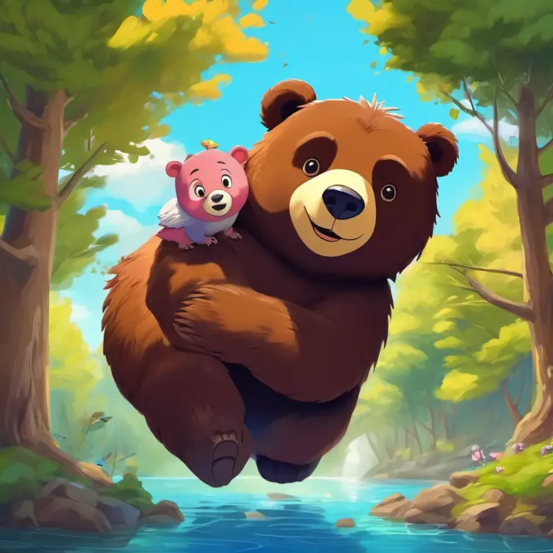 Choco is a small bird with colorful feathers and a big heart and Mrs Bear is a big and friendly bear with a warm smile playing together, climbing trees and catching fish