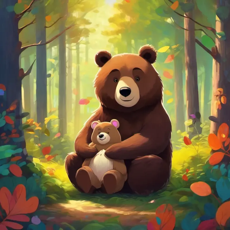 Choco is a small bird with colorful feathers and a big heart and Mrs Bear is a big and friendly bear with a warm smile sitting together, surrounded by the beauty of the forest