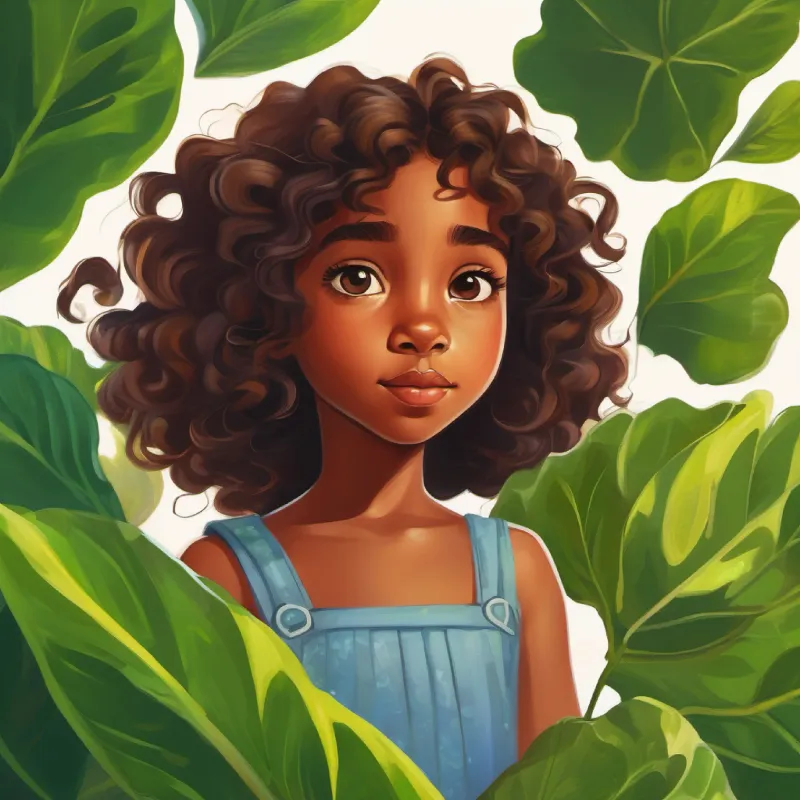 Young girl with curious eyes, brown skin, and curly hair correlates A healthy green leaf with pointy edges, no eyes or face's habits with her own life.