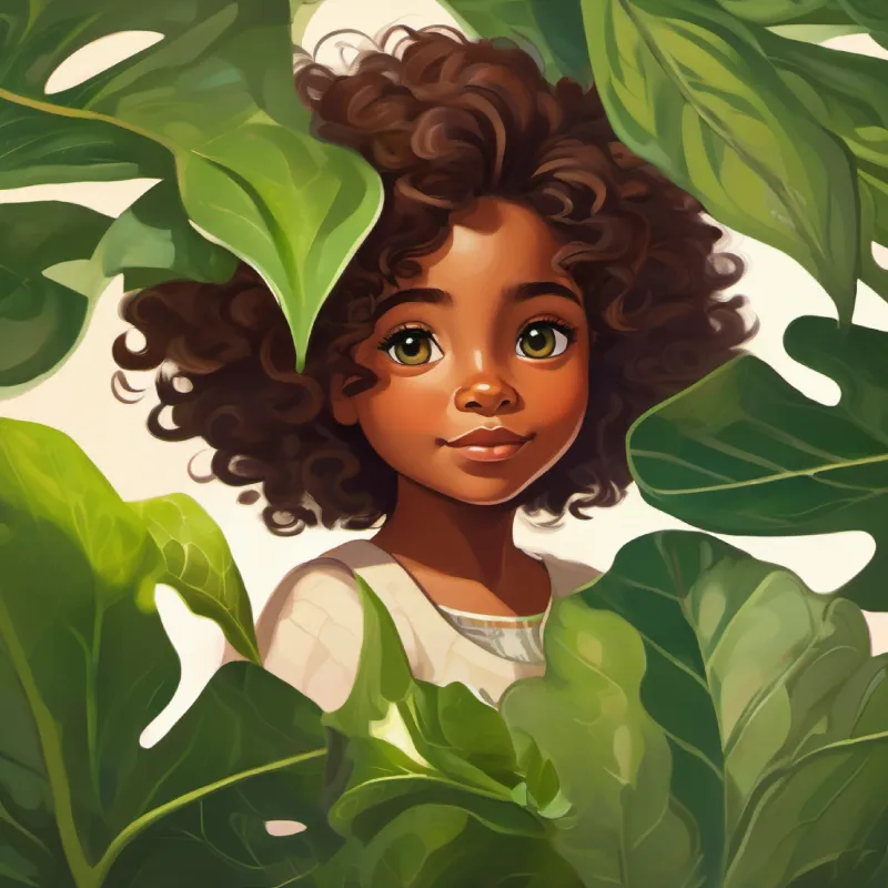 Young girl with curious eyes, brown skin, and curly hair decides to visit A healthy green leaf with pointy edges, no eyes or face and adopt good listening.