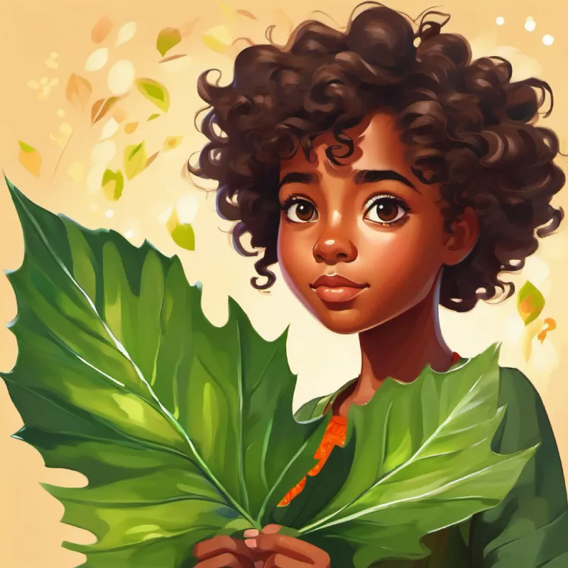 Young girl with curious eyes, brown skin, and curly hair questioning A healthy green leaf with pointy edges, no eyes or face's vibrant color.