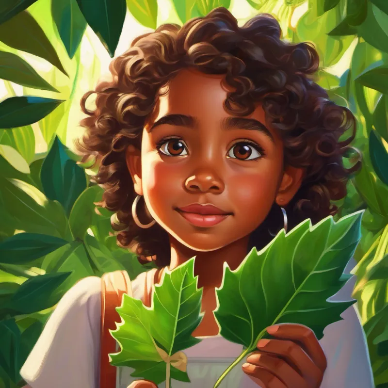 Young girl with curious eyes, brown skin, and curly hair starts understanding A healthy green leaf with pointy edges, no eyes or face's connection with the sun.