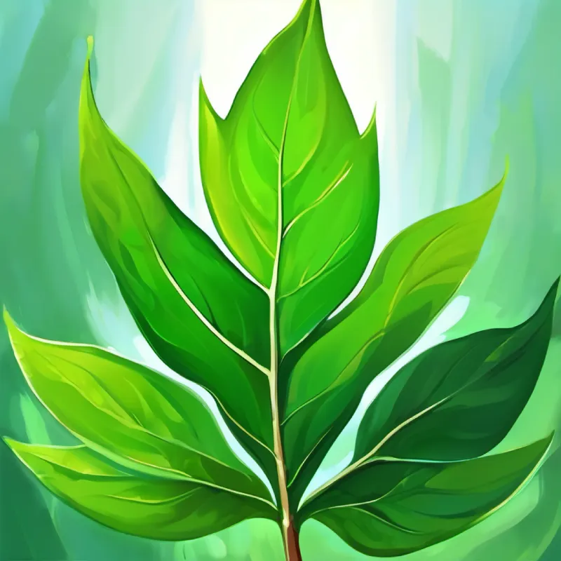 A healthy green leaf with pointy edges, no eyes or face explains the combination with water and air.