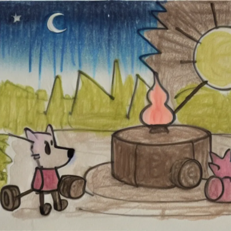 Coco by the campfire with woodland creatures, warm glow