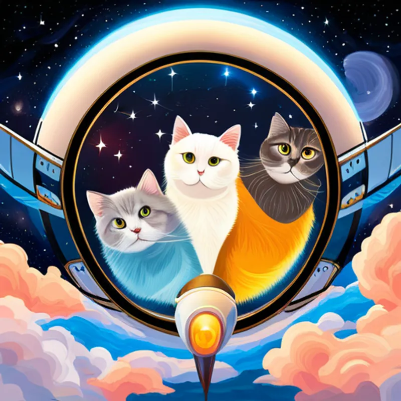 Cats inside a rocketship flying in space