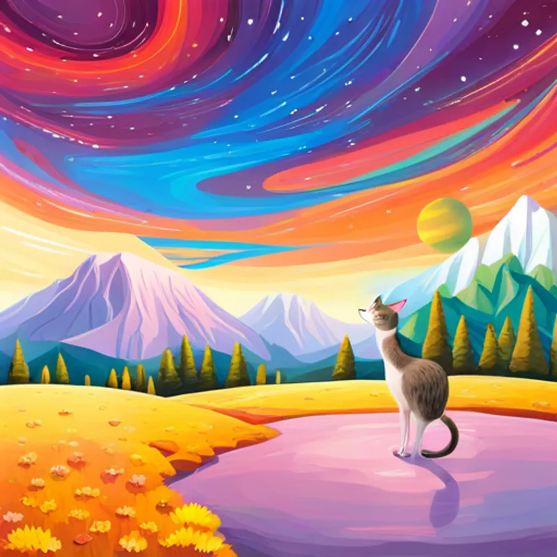 Cats with friendly aliens on a colorful planet