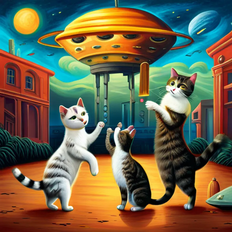 Cats playing games with aliens and dancing