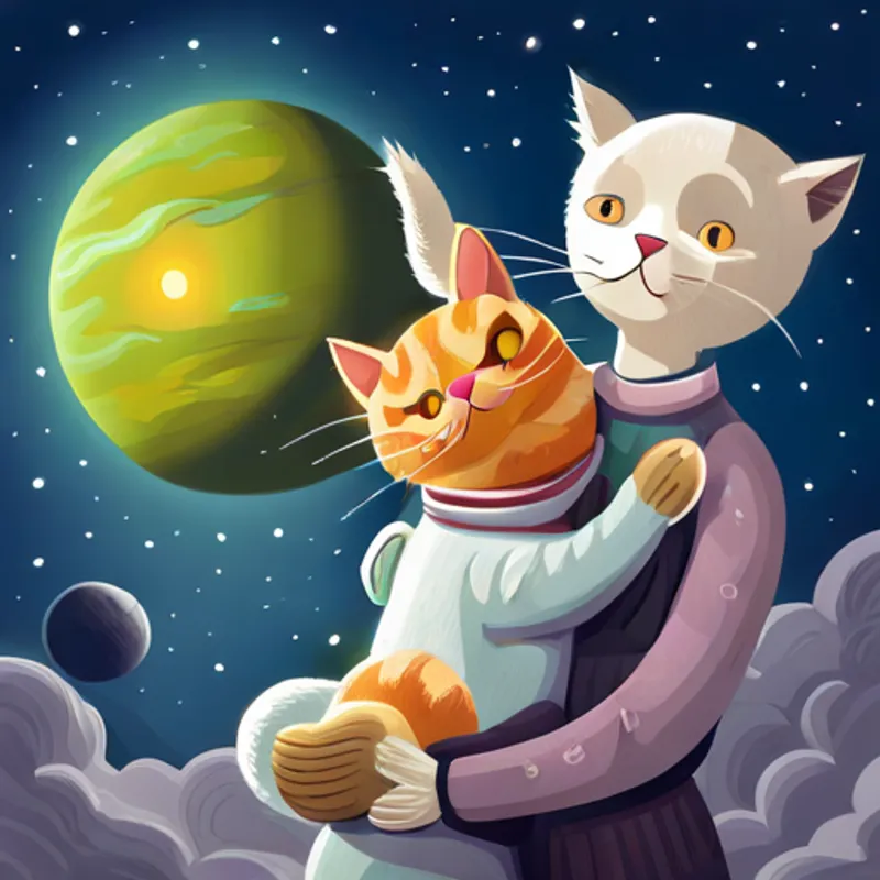 Cats hugging aliens before leaving the planet