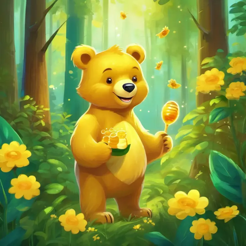 A cute, yellow bear with a big smile and bright, twinkling eyes the yellow bear in a green forest, enjoying honey.