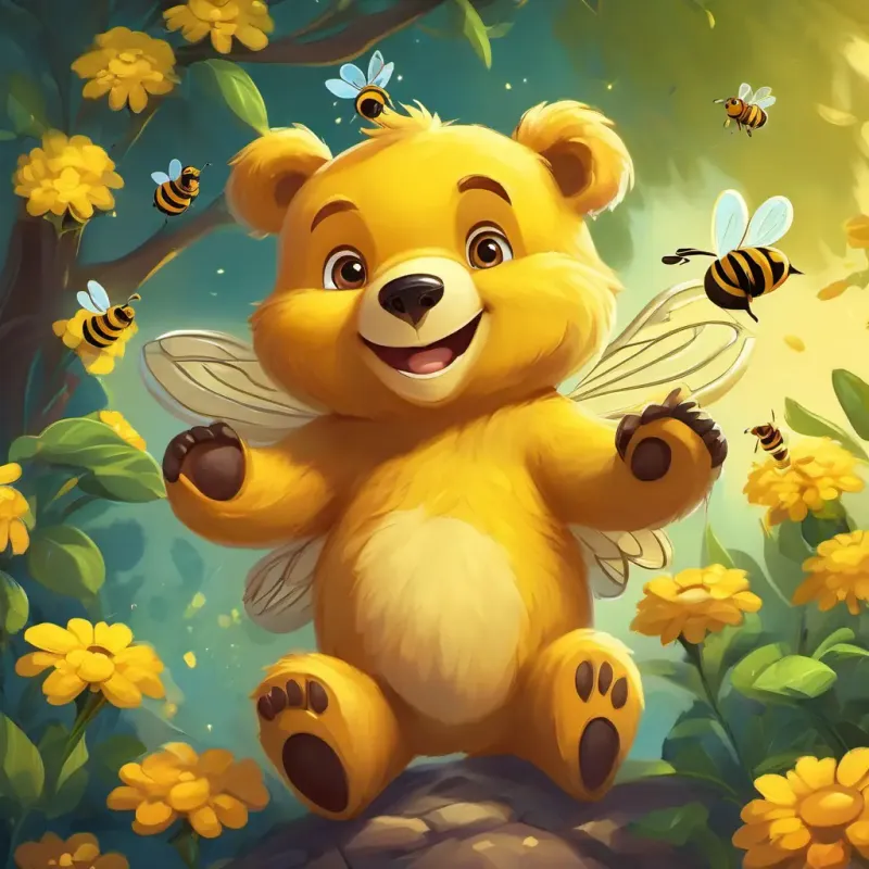 A cute, yellow bear with a big smile and bright, twinkling eyes waiting near the beehive, with bees flying around.