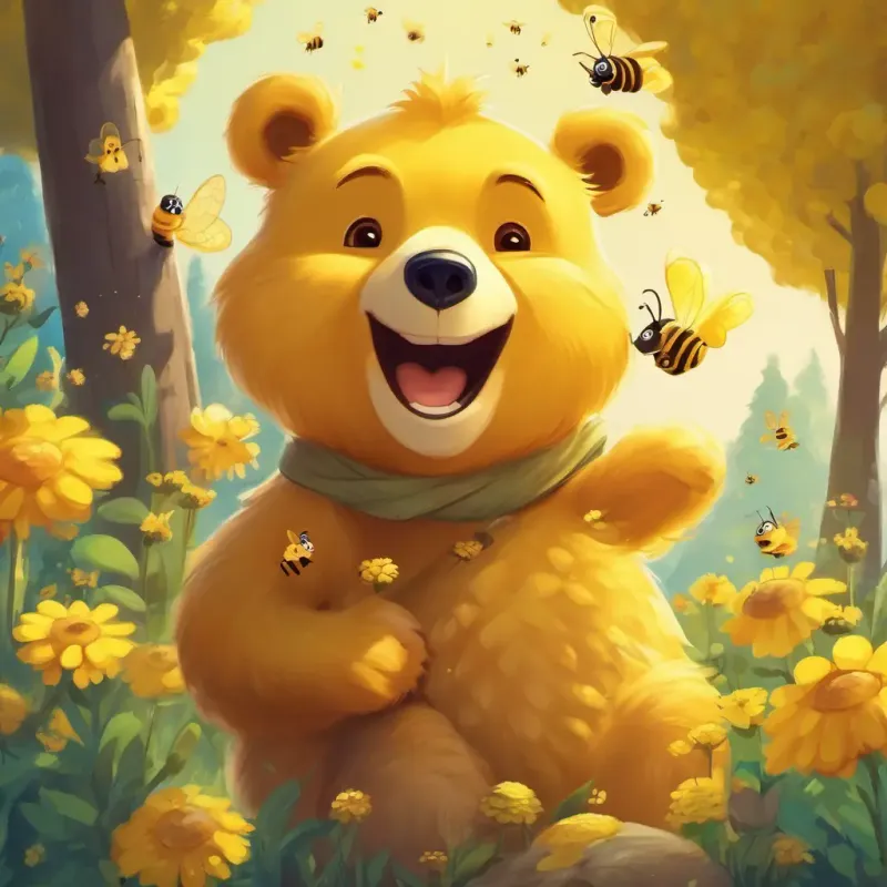 A cute, yellow bear with a big smile and bright, twinkling eyes talking to the bees near the beehive.