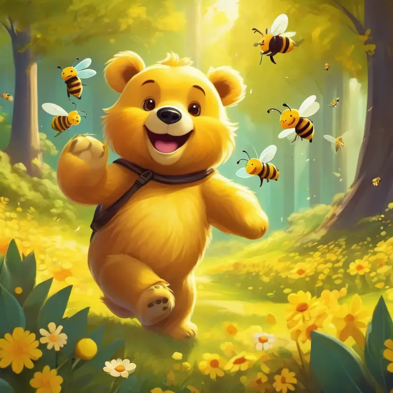 A cute, yellow bear with a big smile and bright, twinkling eyes and the bees flying and running through the forest, having fun.
