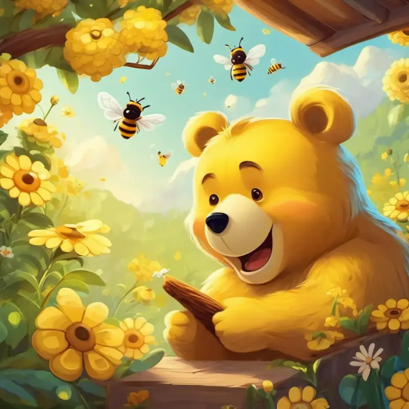 A cute, yellow bear with a big smile and bright, twinkling eyes and the bees at the beehive, sharing honey and smiling.
