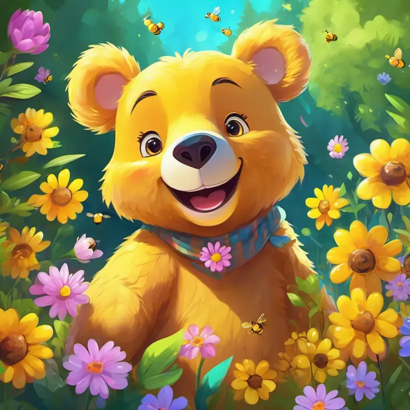 A cute, yellow bear with a big smile and bright, twinkling eyes, bees, and colorful flowers in the happy forest.