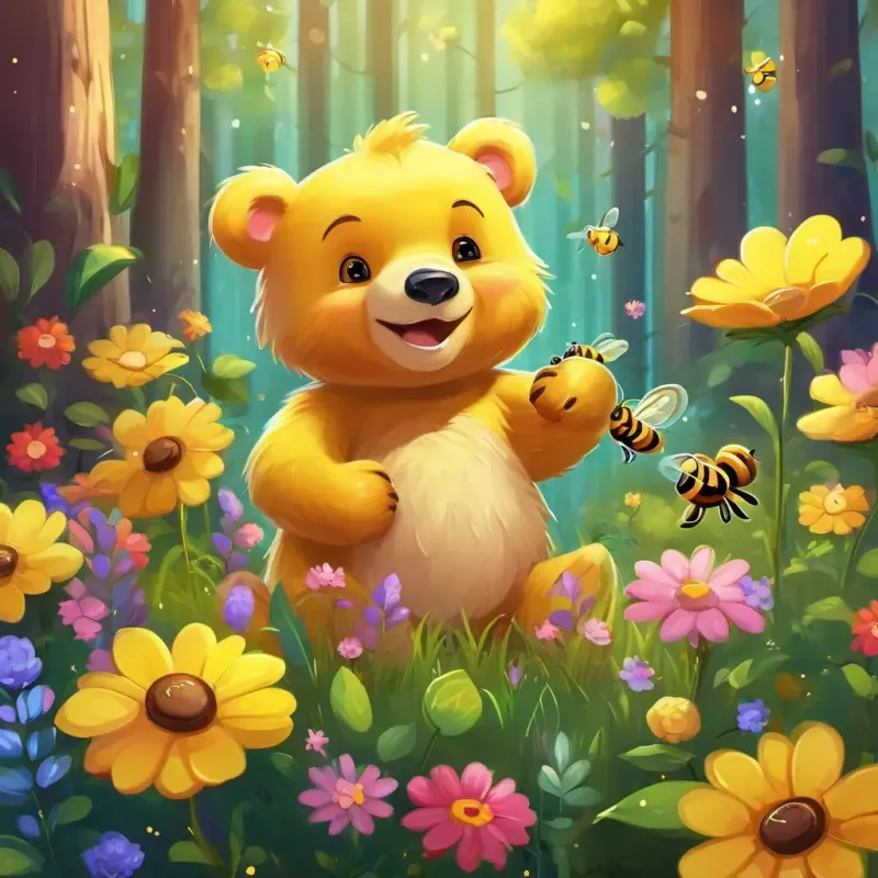 A cute, yellow bear with a big smile and bright, twinkling eyes and the bees, surrounded by colorful flowers in the delightful forest.