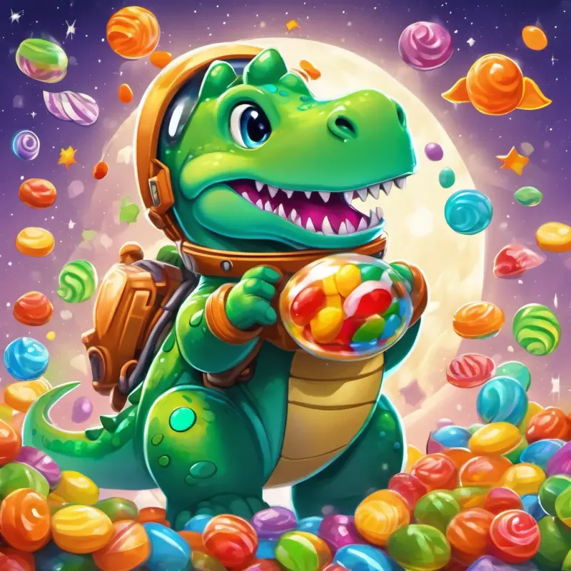 Big, green dinosaur with a friendly smile and bright, sparkly eyes wearing a space helmet, tinkering with a spaceship made of colorful candies and scraps.