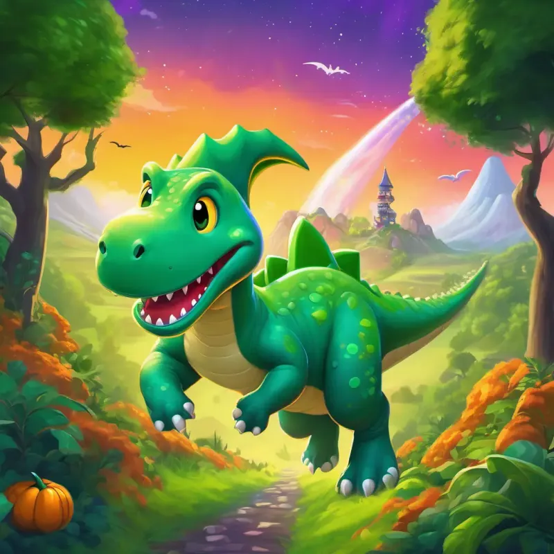Big, green dinosaur with a friendly smile and bright, sparkly eyes's spaceship blasting off from a lush, green valley, leaving a colorful trail behind.