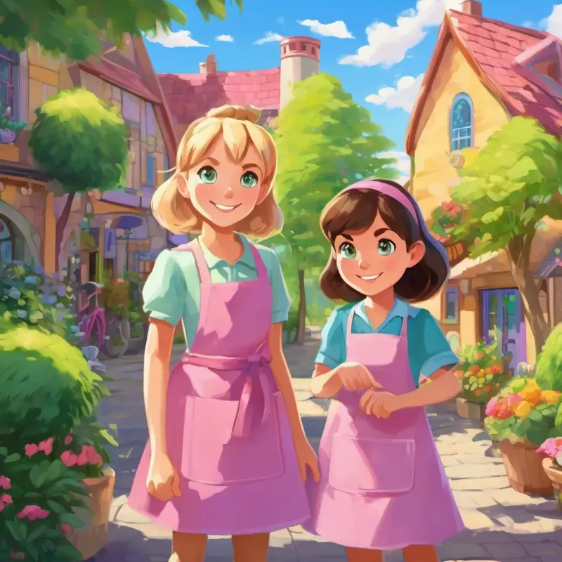 Palmer has brown hair and blue eyes She is wearing a pink apron and Timmy has blonde hair and green eyes She is wearing a purple apron are two sisters with big smiles. They live in a colorful neighborhood with houses of different shapes and sizes. The sun is shining brightly, and there are trees with green leaves all around.