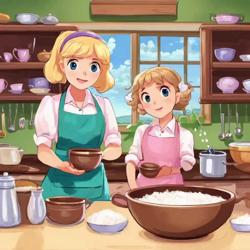Palmer has brown hair and blue eyes She is wearing a pink apron and Timmy has blonde hair and green eyes She is wearing a purple apron are in their kitchen, wearing aprons and holding empty bowls. They have a table filled with sugar, water, and cups. They look surprised and disappointed.