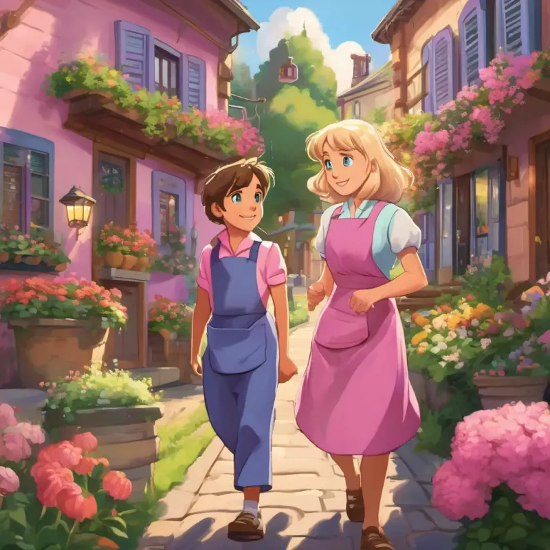 Palmer has brown hair and blue eyes She is wearing a pink apron and Timmy has blonde hair and green eyes She is wearing a purple apron are walking down a colorful street, knocking on doors. They meet neighbors of different ages and races, who are smiling and welcoming. The houses have beautiful gardens with flowers.