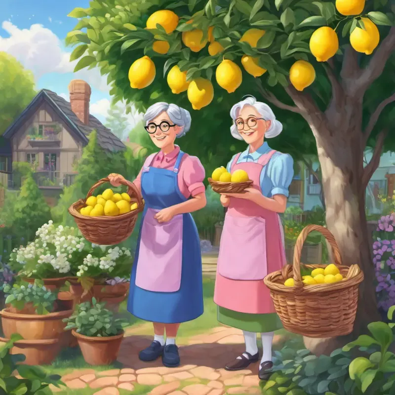 Palmer has brown hair and blue eyes She is wearing a pink apron and Timmy has blonde hair and green eyes She is wearing a purple apron are standing in Mrs Johnson has gray hair and glasses She is wearing a flowery dress's backyard. Mrs Johnson has gray hair and glasses She is wearing a flowery dress is an older lady with gray hair and glasses. She is holding a basket of lemons and smiling. The backyard has a big lemon tree with ripe yellow lemons.