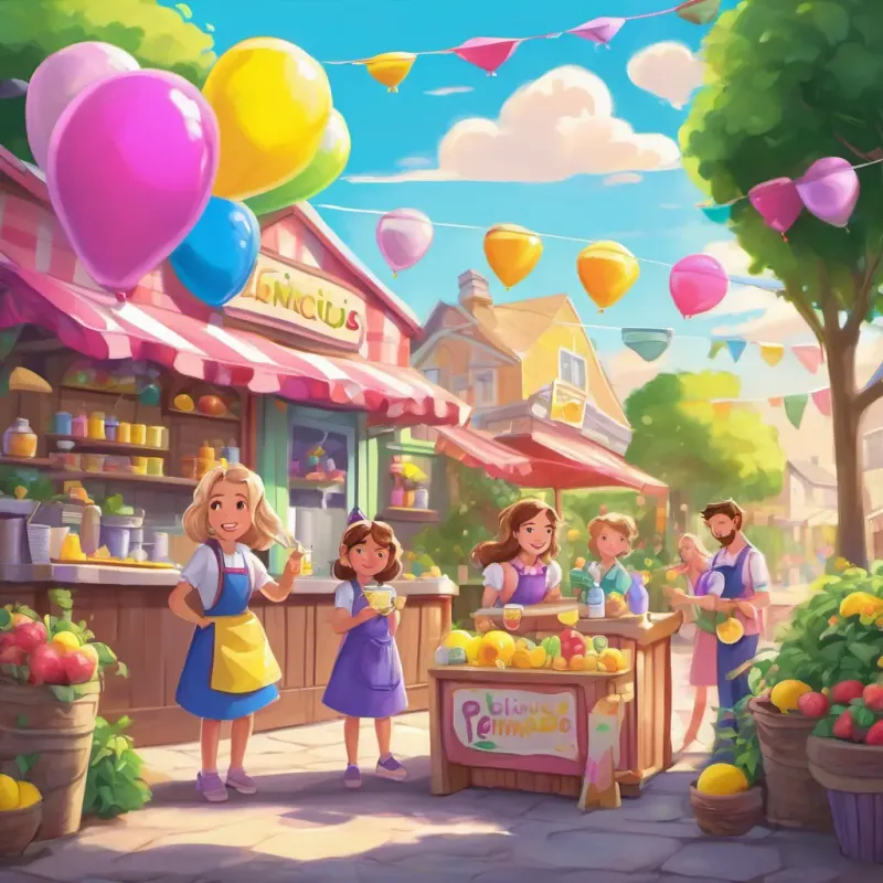 Palmer has brown hair and blue eyes She is wearing a pink apron and Timmy has blonde hair and green eyes She is wearing a purple apron are standing behind their lemonade stand, pouring lemonade into cups. The neighbors are lined up, holding cups and smiling. The lemonade stand is colorful and decorated with balloons and a sign that says 'Delicious Lemonade.'