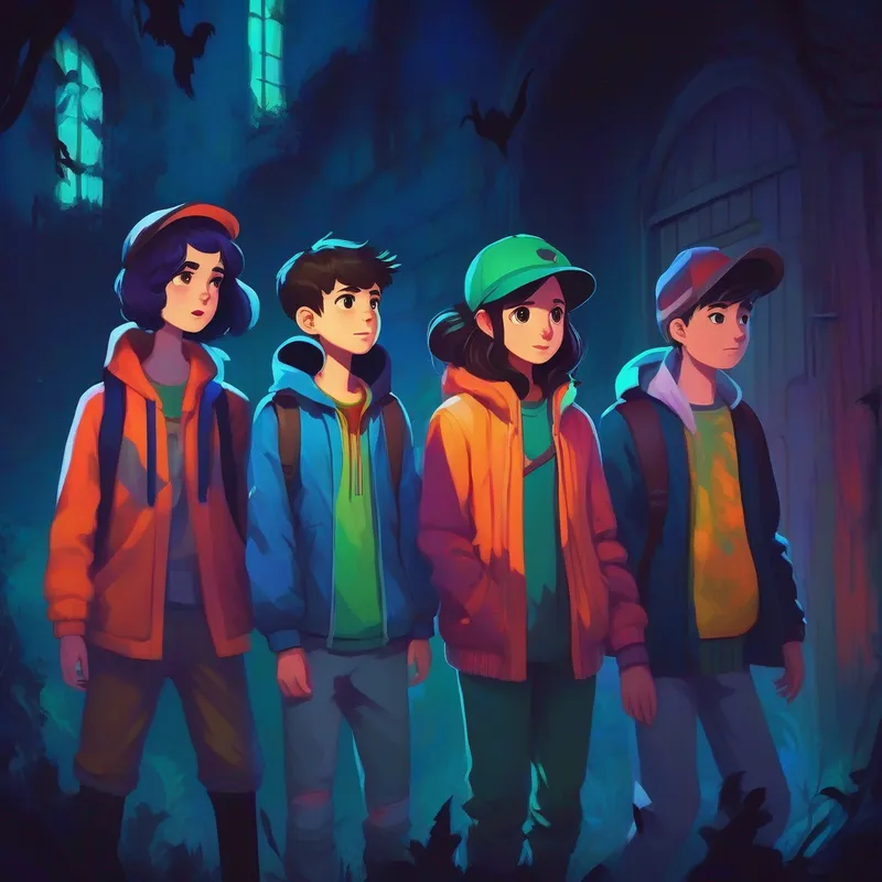 A group of A group of friends. Adventurous and determined. Colorful clothes. explore a haunted asylum. Dark and creepy.